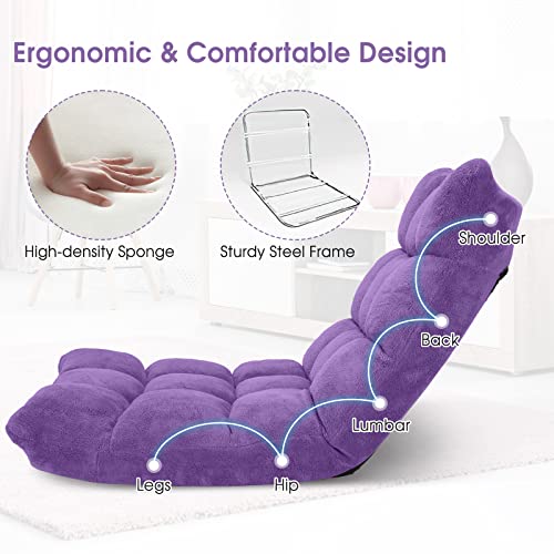 Image of Giantex Floor Chair with Back Support, 14 Adjustable Position, Padded Sleeper Bed, Couch Recliner, Folding Gaming Floor Chairs for Adults, Living Room, Bedroom, Yoga, Meditation, Purple