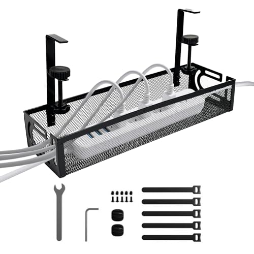 Unter Schreibtisch Kabelverwaltung Tray Kein Bohrer Metall Mesh mit Clamp Mount 2 Loch Draht und Kabel Organizer für Home Office Standing Desk schwarz