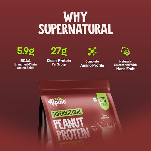Image of Alpino Supernatural Peanut Protein Powder, Thandai Fusion, 27g Protein per Scoop, 5.9g BCAAs, 0 Added Sugar, 1kg