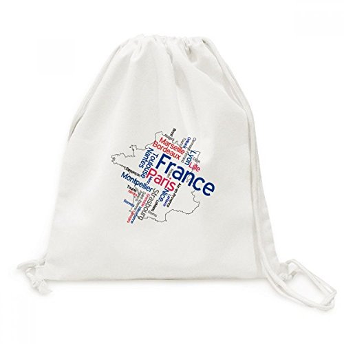 Sac à dos cordon canvas France carte vintage avec mots nom de ville