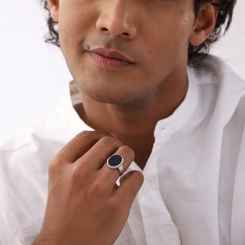 Image of TRUESILVER ACPL 925 Sterling Silver Black Onyx Signet Ring for Men | BIS Hallmarked Handmade Vintage Gemstone Ring | Antique Statement Jewelry Gift for Men