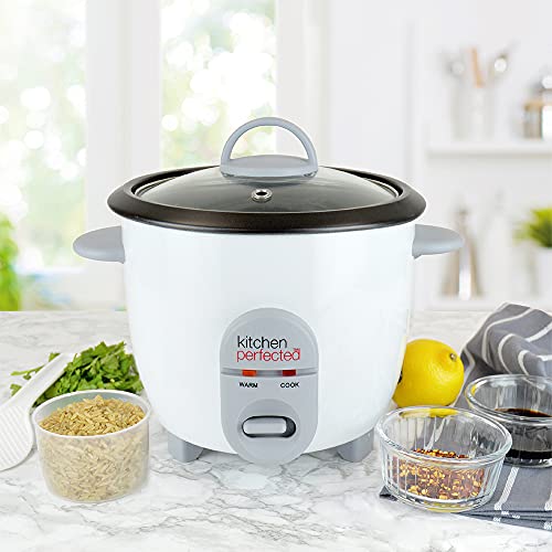 Kitchen Perfected 350W 0.8Ltr Automatic Rice Cooker - Non Stick / Removable Rice Bowl / Warm & Cook Indicators / Toughened Glass Lid / Measuring Cup / Spatula / Recipes Included - White - E3302