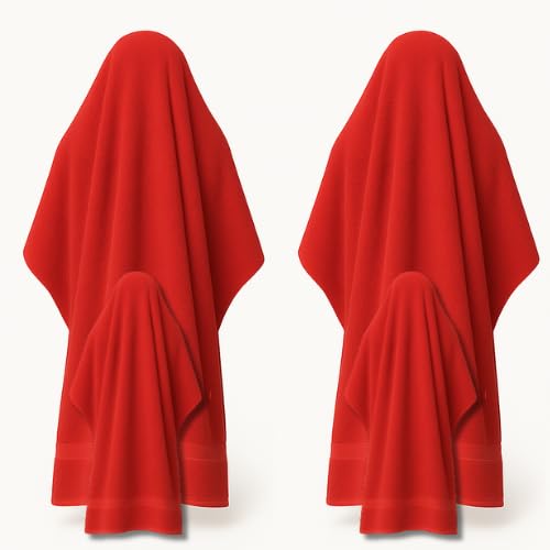 Awiku Set de 4 Toallas de Baño - 2 Grandes y 2 de Lavabo, 100% Algodón Premium - 2 de Ducha 100x150 cm y 2 de Manos 50x100 cm, Super Absorbente, 380 gsm - Secado Rápido (Rojas)