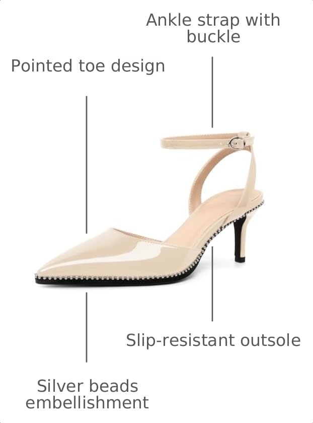 Image of SAMMITOP Kitten Heels for Women Low Heel Closed Toe Ankle Strap Pumps Wedding Party Beaded Dress Shoes 2.4 Inch