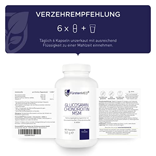 FürstenMED® Glucosamin Chondroitin MSM Hochdosiert + Vitamin C, 180 Kapseln als 4 Fach Komplex mit Glucosamine, Laborgeprüft & Ohne unerwünschte Zusatzstoffe