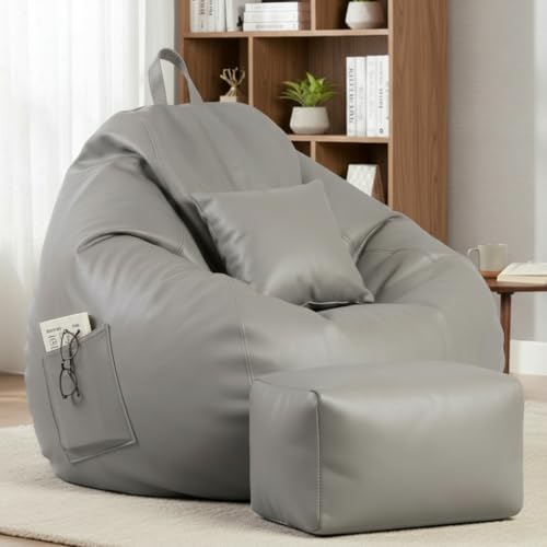 Image of KAM'S LIEU 5XL Luxury Faux Leather Bean Bag with Footrest & Cushion | Pre-Filled High-Density Polystyrene Beans | Premium Leatherette | 6 Months Warranty Color- (Grey, Without Footrest)