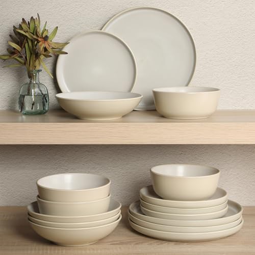 Image of Gibson Elite Tribeca Loft 16-Piece Dinnerware Set - Matte Cream and White Reactive Glaze Stoneware, Double Bowl Round Plates and Bowls - Modern Neutral Tableware for 4, Dishwasher & Microwave Safe