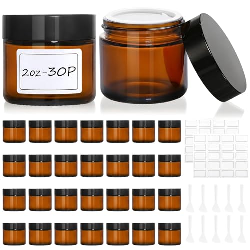 30 Pcs 2 oz Glass Jars with Lids Amber Glass Jars with 40 Labels & 10 Spatulas Inner Liners LeakProof UV-Protective Round Glass Containers for Essential Oils Spices Candle Making DIY