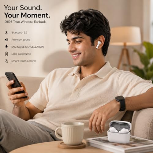 Image of Pods Black Gold Edition Bluetooth 5.3 Wireless Earbuds with ENC Noise Cancellation, 10mm Drivers, 30+ Hours Playtime, Smart Touch Control, Type-C Fast Charging, Deep Bass TWS Earphones (White)