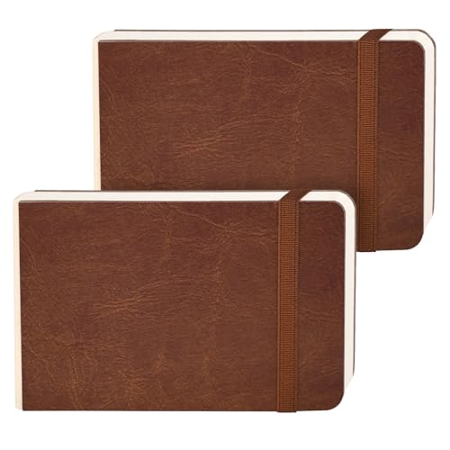 Diario de acuarela Funto, paquete de 2 unidades, tamaño 3,5" x 5,5", 44 páginas cada uno, papel prensado en frío 100% algodón, cubierta dura de cuero PU perlado marrón