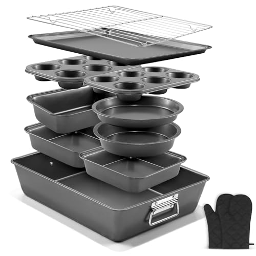 Gymdin 12PCS Nonstick Bakeware Set, Non-Toxic Carbon Steel Baking Pans Set with Wider Grip, Includes Roasting Pan, Cookie Sheet, Cake Pans, Muffin Pans, Cooling Rack, Oven Mitts, Easy Release