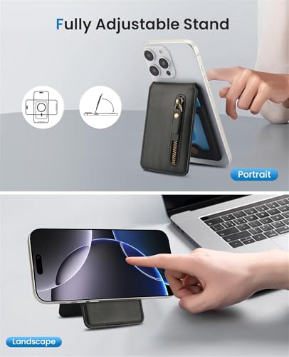 Ysnzaq Magnetisches Reißverschluss-Kartenetui mit Ständer, Leichtes RFID Kartenfach für 4-5 Karten mit MagSafe, 5-Fach Stärkerer Halt für iPhone & Samsung S26 Ultra, ZYC Black