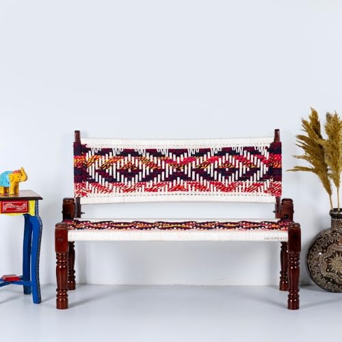 Image of Srima Wooden Bench for Living Room | Handcrafted Sheesham Wood Backrest Bench for Balcony & Garden | Traditional Patio for Outdoor with Chindi & Cotton Handwoven Rope | Chindi & White