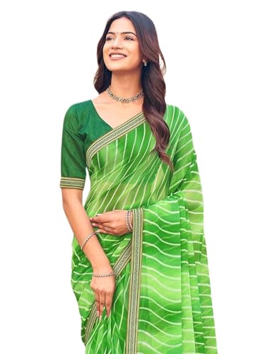 Image of SIRIL Women's Georgette Leheriya Printed Embroidery Lace Boarder Saree With Unstitched Blouse Piece