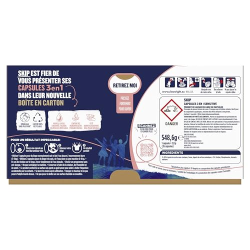 SKIP Lessive liquide en capsules Sensitive 3 en 1 78 lavages bébé & peaux sensibles testée dermatologiquement lot promo de 3x26 - vue 8
