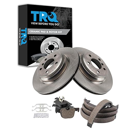 Image of TRQ Rear Brake Pad and Rotor Set Ceramic Rotors Parking Shoe Compatible with 2015-2016 BMW 428i Gran Coupe 2016 428i 428i xDrive
