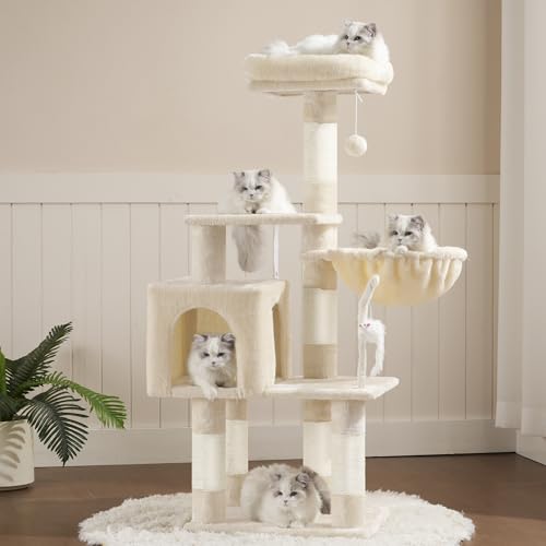 Heybly Cat Tree with Toy, Cat Tower Condo for Indoor Cats, Cat House with Padded Plush Perch, Cozy Hammock and Sisal Scratching Posts, Beige HCT004SM