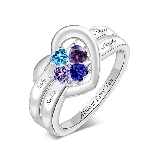 LucySky 925 Sterling Silver Birthstone Ring for Women With 4 Birthstones and Custom Engraved Name - Heart Promise Wedding Ring Gift for Valentine's Day, Mother's Day, Anniversary