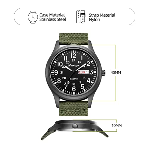 BOSHIYA Men's Military Tactical Field Watches Outdoor Sports/Work Watch Waterproof Analogue Quartz Watches Minimalist Lightweight Nylon Watch - Imported Japanese Movement/40mm Waterproof/Date Display