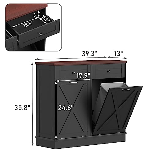 Double Tilt Out Trash Can Cabinet,Farmhouse Style Kitchen Trash Cabinet with Barn Door, Solid Wood Tabletop, Pet Proof Trash Can Odor Blocking, Wood Laundry Cabine Keep Clean