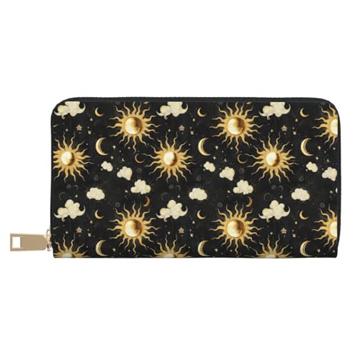 Leather Thin Slim Wallets for Women & Men - Black and Gold Sky Sun Print Card Wallet Holder with Zipper