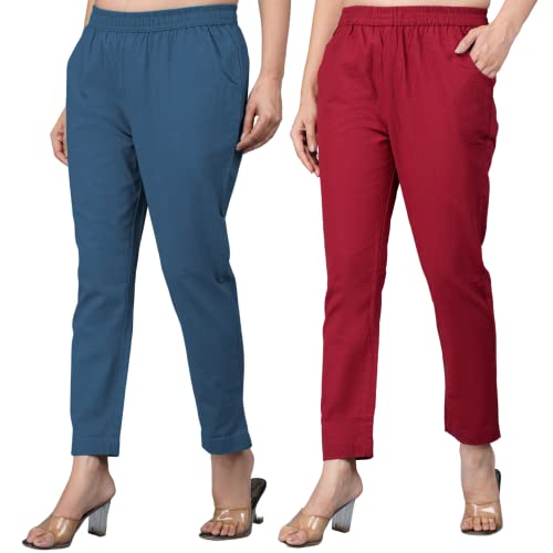 Image of Regular Fit Fully Elastic Waist Ankle Length Premium Cotton Casual Trouser Pant (Combo Pack of 2)