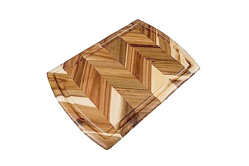Lipper International Tabla Rectangular de Madera de Acacia con Diseño Herringbone, Mango Incrustado y Ranura para Jugos, 45.72 cm x 30.48 cm x 1.91 cm