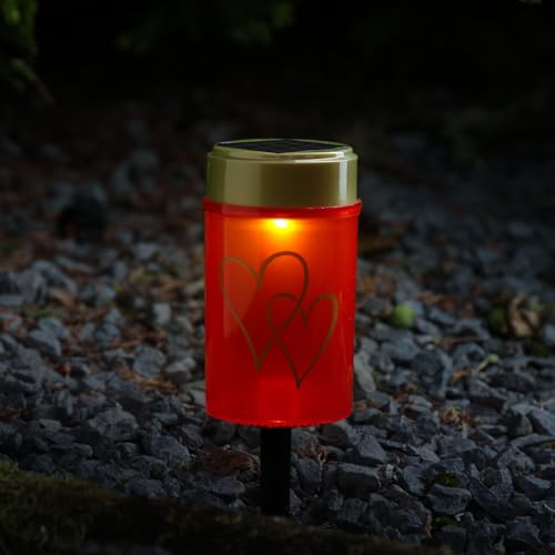 MARELIDA LED Solar Grablicht Grabkerze mit Herzmotiv Grableuchte H: 12cm Lichtsensor Erdspieß (rot)