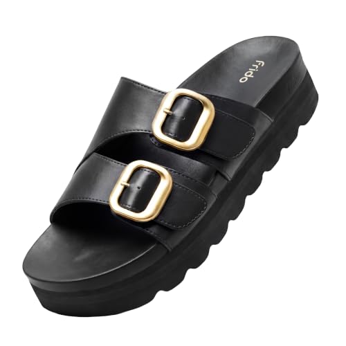 Image of Frido Women's Arch Support Wedge Sandals, Orthopedic Cushioned Platform Heels with Anti-Slip Sole, Comfortable Slip-On Footwear for Office, Travel, Daily Wear & Long Standing | Available in 3 Style- Buckle Strap, Velcro Strap & Classic Styles