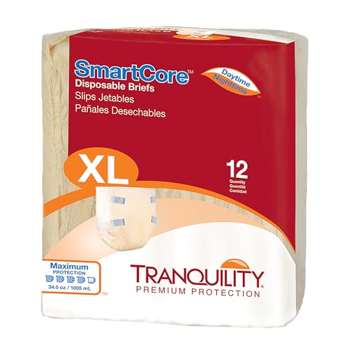 Tranquility SmartCore Adult Disposable Briefs, Incontinence Control with Breathable Kufguard Technology, Fastening Tabs & Wetness Indicator, Latex-Free, Adult X-Large, 34oz Capacity, 12ct Bag