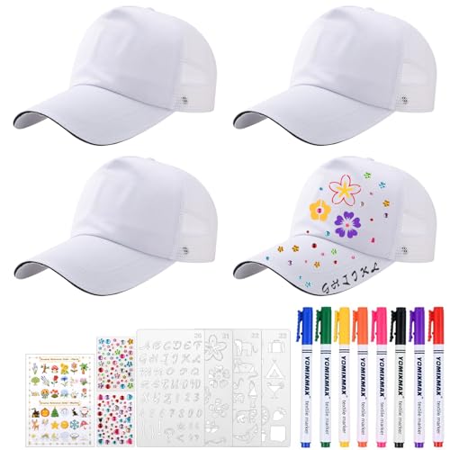 guobinZH 4 Piezas Gorras de Béisbol Niños con Malla DIY Blanco Gorras Infantiles para Pintar Gorra de Béisbol Infantil con 8 Lápices de Acuarela Pegatinas Caja de Regalo para Deportes al Aire Libre