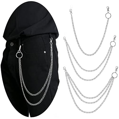 PHOGARY 3 Pieces Jeans Chains Wallet Chain Pants Chain, Silver Pocket Chain Hip Hop Rock Chains Punk Gothic Metal Belt Chain Biker Trouser Chain Accessory Jewelry Gift for Men Women