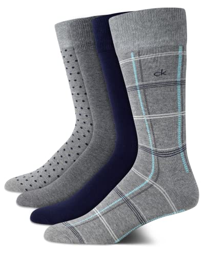 Calvin Klein Mens Dress Socks - 4 Pack Combed Cotton Fabric Stay-Up Cuff - Crew Socks for Men (Sizes: 7-12) Size 7-12 Grey Plaid