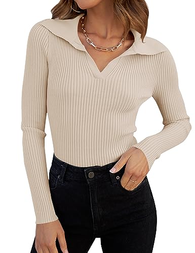 ZESICA Sweaters for Women 2025 Fall Long Sleeve V Neck Ribbed Knit Pullover Tops Casual Slim Fit Basic Tee Shirts