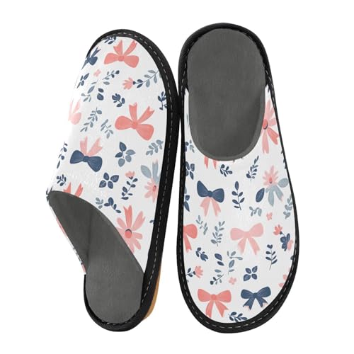 Slippers for Women Bow Flower Pattern Pink Soft Winter Warm Shoes Indoor Outdoor Non-Slip House Travel Slippers