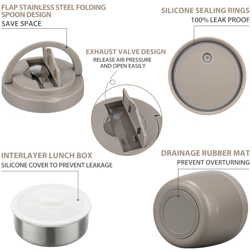 Image of wiwens Thermo Food Jar for Hot Food Adults 32OZ Soup Thermo Lunch Containers Wide Mouth Vacuum Insulated Stainless Steel Leakproof Bento Box with Spoon (Khaki)