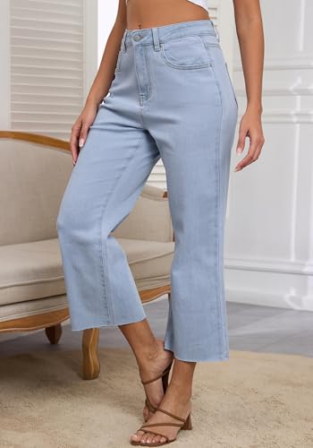 Women's High Waist Straight Leg Stretch Jeans - Blue Ankle Length Denim 5 Pocket Slim Fit Tummy Control4