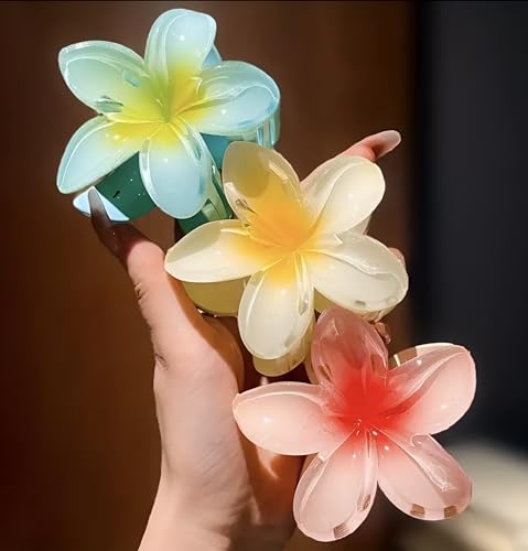 Image of PACTIV 3Pcs Elegant Hawaiian Flower Hair Claw Clips - Large, Non-Slip, Strong Hold For Thick & Thin Hair - Vintage Style Flower Clips For Women, multi