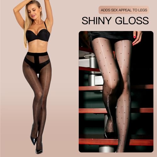 Women's Sheer Polka Dot Tights Oil Shiny Pantyhose 20 Denier Patterned Stockings High Waist Pantyhose with Dots4