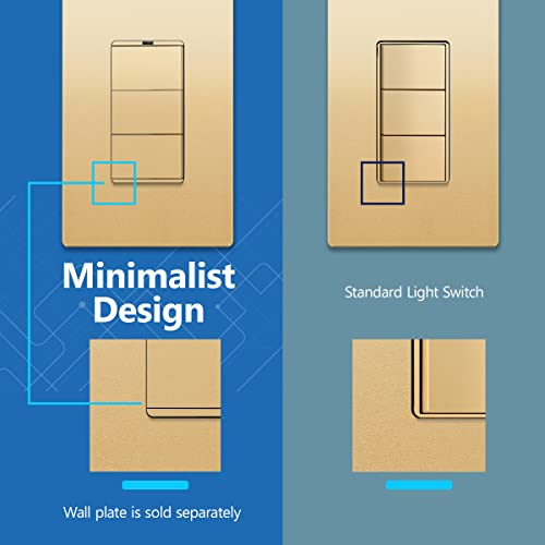Image of LIDER Lighted Triple Switch with Screwless Wall Plate, Combination Frameless Decorator Switch with Locator Light, Ground Terminal Single Pole, 15A 120V, UL Listed, Thermoplastic, Matte Gold, 2-Pack