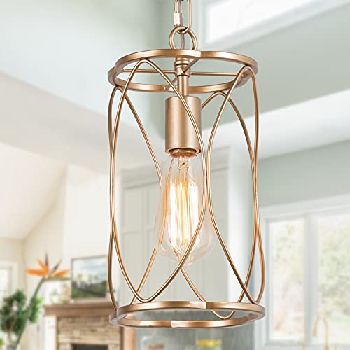 GEPOW Gold Cage Pendant Lighting, Antique Golden Modern Hanging Light Fixture for Kitchen Island, Hallway, Dining Room, Foyer and Bedroom
