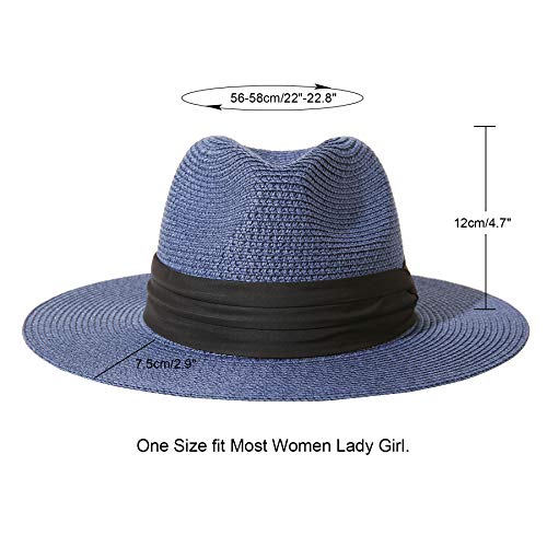 Lanzom Women Wide Brim Straw Panama Roll Up Hat Fedora Beach Sun Hat Upf50+ (Blue) #TOP1