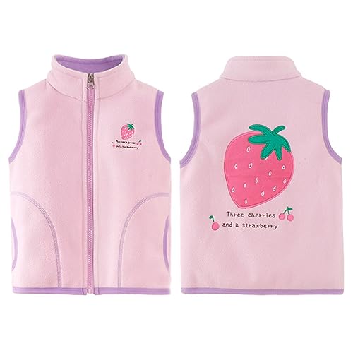 Baby Girls 𝗣olar Fleece Vest Sleeveless Strawberry Print Zip Windproof Coat Warm Lightweight Jacket with Pocket
