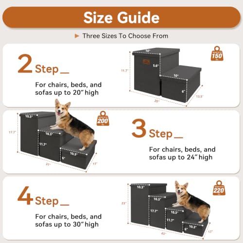 Image of Zerbuger Dog Stairs with Storage, Dark Grey 4 Steps Dog Ramp no Condo | 23 inch H Wider Dog Steps for High Beds Couch, Folding Storage Pet Stairs Gift for Climbing Small /Medium /Large Old Dogs Cats