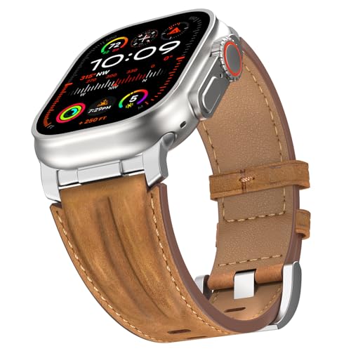 Bouixel Correa de piel compatible con Apple Watch 49 mm 46 mm 45 mm 44 mm 42 mm, correa de piel auténtica con conector de metal para iWatch Ultra Series 10 9 8 7 6 5 4 3 2 1 SE, 42mm(Series 3)/44mm