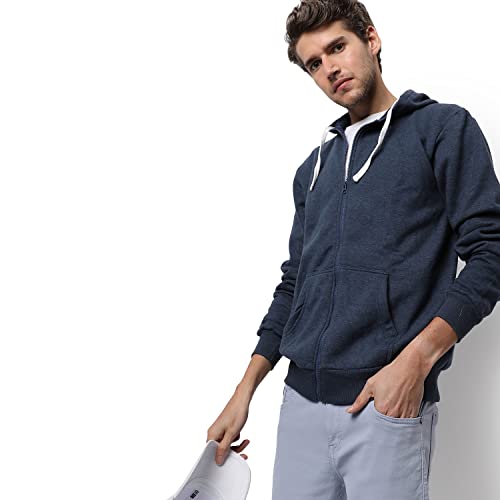 Image of CAHOOT Men's Dark Blue Zip-Front Hoodie with Contrast Drawstring for Casual Wear | Long Sleeve | Hooded Neck | Zipper Closure | Cotton Sweatshirt Crafted with Comfort Fit for Everyday Wear