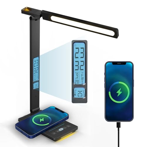Xicyole Desk Lamp with Wireless Charger, USB Charging Port, Smart Display Clock, Adjustable Brightness and Color Temperature, Touch Control Desk Light for Office and Bedroom