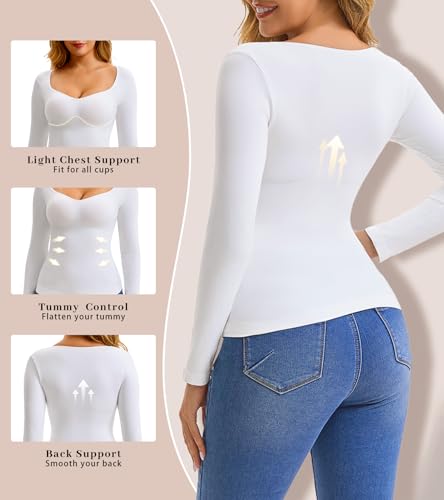 Women's Long Sleeve V-Neck Shapewear Tops, Tummy Control Compression Shirts - image 2