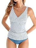 CUPSHE Damen Tankini Set V Ausschnitt Wickeloptik Crossover Tankini Mid Waist Bauchweg Raffung Bademode Zweiteiliger Badeanzug Swimsuit Blau/Weiß Gestreift L
