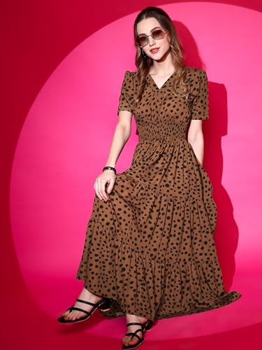 Sheetal Associates Women's Crepe Fit and Flare Printed Half Sleeve V-Neck Casual Dress
